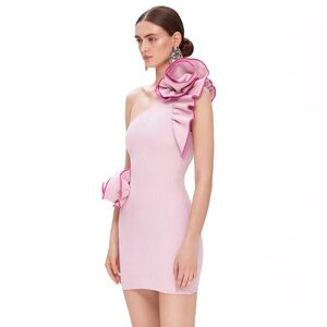 KOROBEYNIKOV Pink Ruffle Knit Couture Mini Ribbed Dress